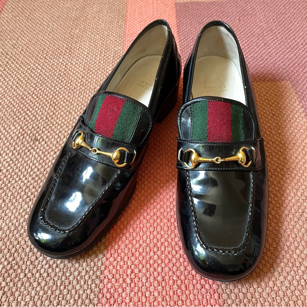 Vintage Gucci Patent Leather Web Stripe Loafers